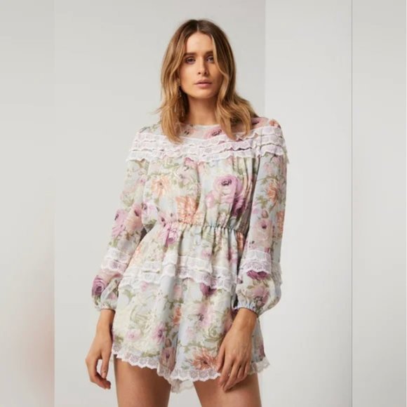 Elliatt Karishma Floral Print Lace Trim Romper